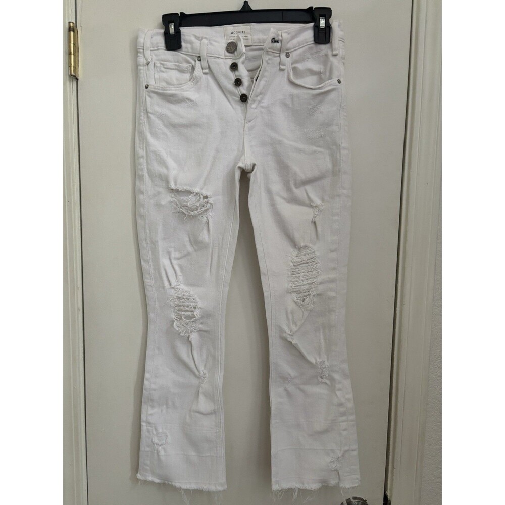 McGuire White Denim Distressed Raw Hem Flare Jeans Size 25 Womens